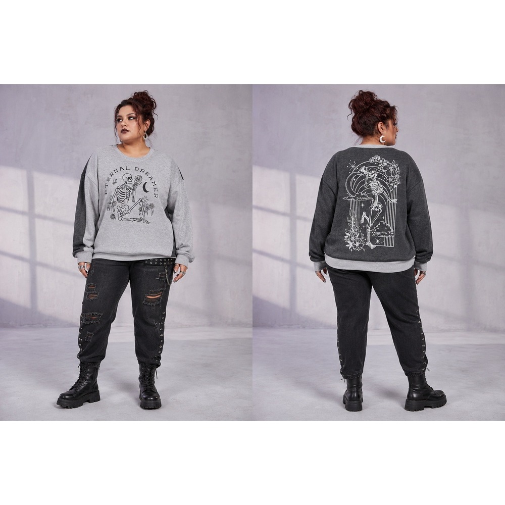 Whimsigoth Grunge Grey Eternal Dreamer Skeleton Two Tone XL-15-17 Sweatshirt